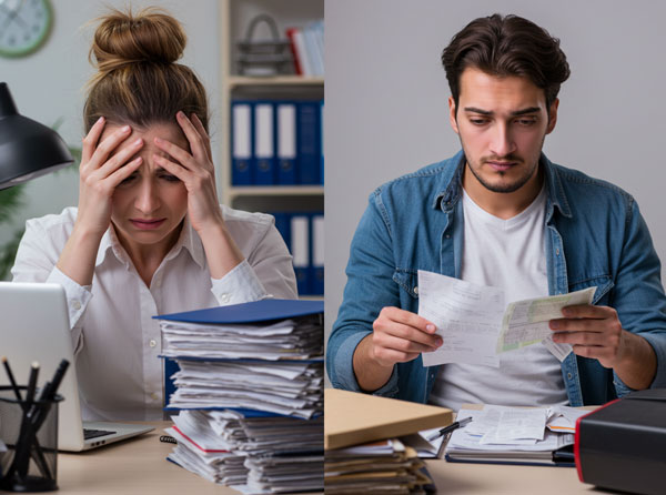 uma pessoa angustiada segurando a cabeça em um ambiente de trabalho e outra analisando contas e notas fiscais após acidente de carro, ambas em contextos realistas.
